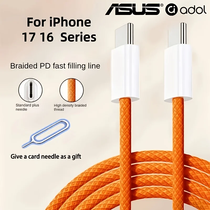 Cable USB C a Tipo C ASUS de 60W para iPhone 17 16 Plus Pro Max, Cable de Carga Rápida PD con Agujero para Tarjeta SIM para Xiaomi Samsung