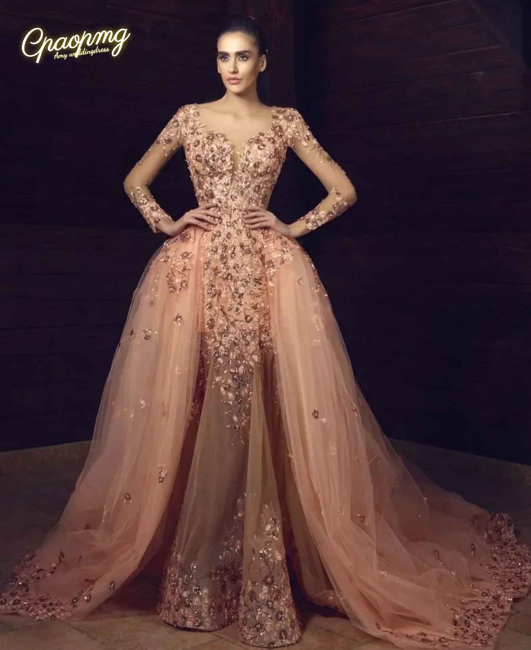 

Customised Sheer Jewel Neck Tulle Appliques Beaded Mermaid Formal Evening Dresses With Detachable Train Long Sleeves Prom Dress