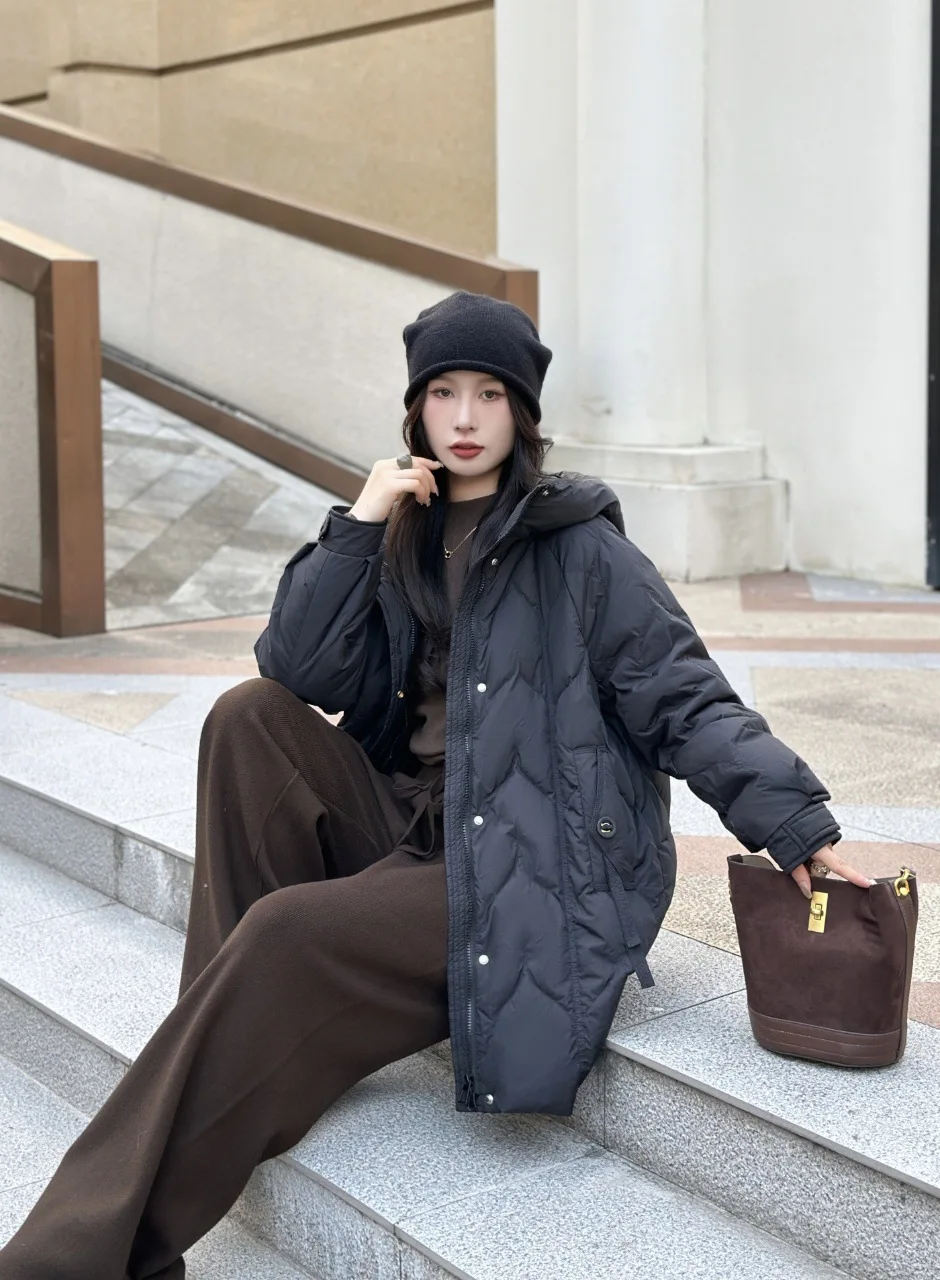 Winter Stand Collar Mid Length Hooded Down Jacket Women Thick Zipper Parker Jackets Female Solid Warm Down Outwears Overcoat