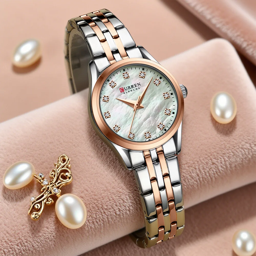 CURREN Ladies Watch with Two-Tone Stainless Steel Bracelet 28mm Dial with Rhinestones Markers Shimmering Shell Dial Elegant Idea