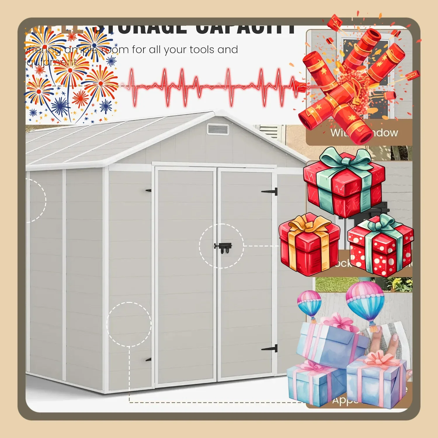 

Горячая распродажа! Скидка! Уличный сарай для хранения, 8x10 футов, из полимерного композита, с полом и запираемой дверью, окном и вентиляционными отверстиями, сарай для инструментов