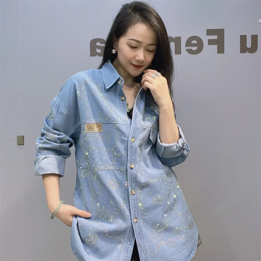 2024 Long Sleeve Cartoon Pattern Diamonds Denim Shirts Women Autumn Clothes Loose Mid-Length Jeans Blouse Costs Camisa Feminina