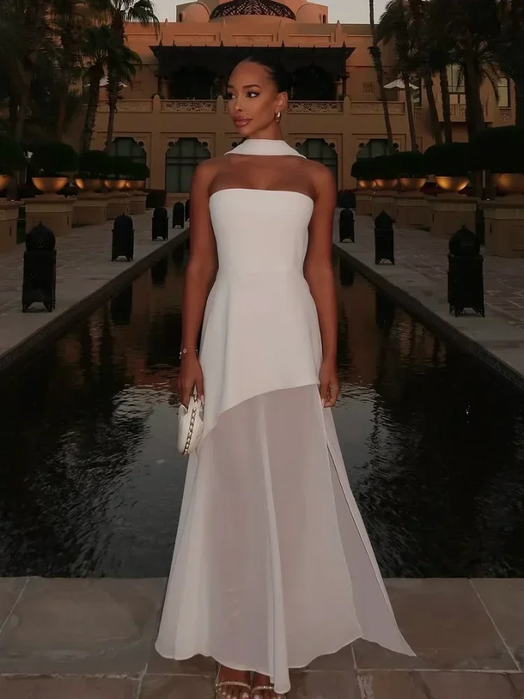 Elegant Simple Strapless Wedding Dresses Women Side Split Mesh Patchwork Prom Dresses 2025 Solid Scarf Party Chic Brides Gown