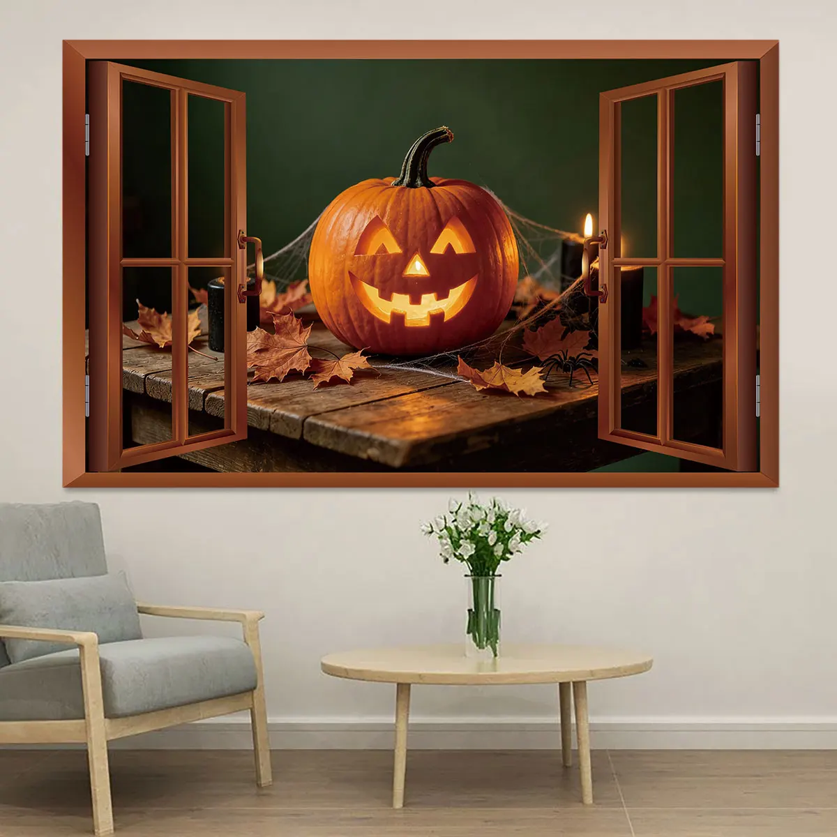 1Pc Fake Window View Wall Sticker Living Bedroom Single Pumpkin Lamp Desktop Window Scene Decor Self Adhesive Flat Wall Art S