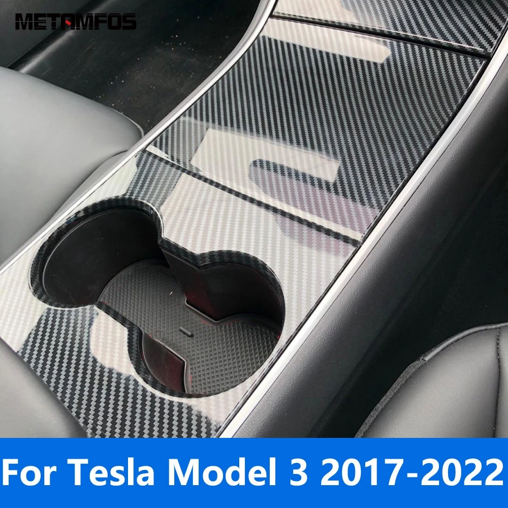 

Центральная консоль из углеродного волокна для Tesla Model 3 2017-2019 2020 2021 2022, держатель стакана для воды, панель крышки отделки, аксессуары для интерьера