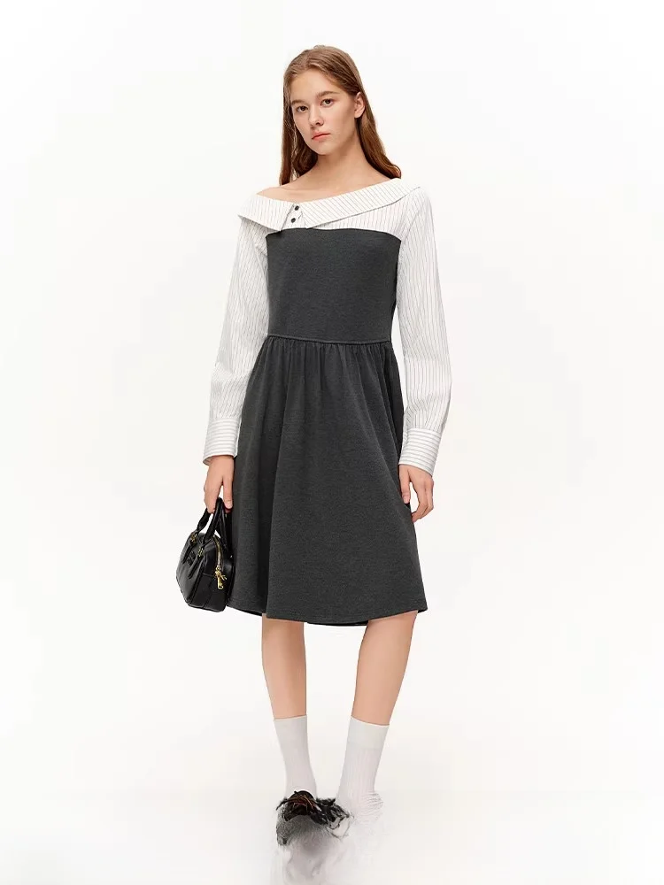 

Unique Striped One-oulder Dr Women's Spring 2026 New Sle Splice Skirt Korean Sle Cotton Blend Long Sve A-Line Dr