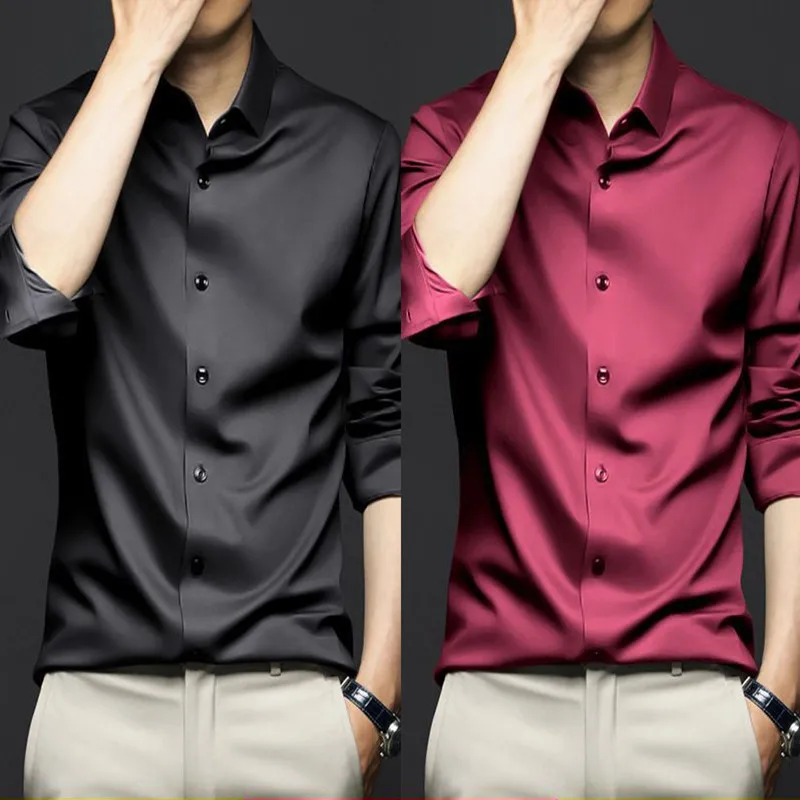 Korean Fashion Men Long Sleeve Smooth Shirts Spring Summer Streetwear New Oversized Slim Wine Red Business Office Casual Social