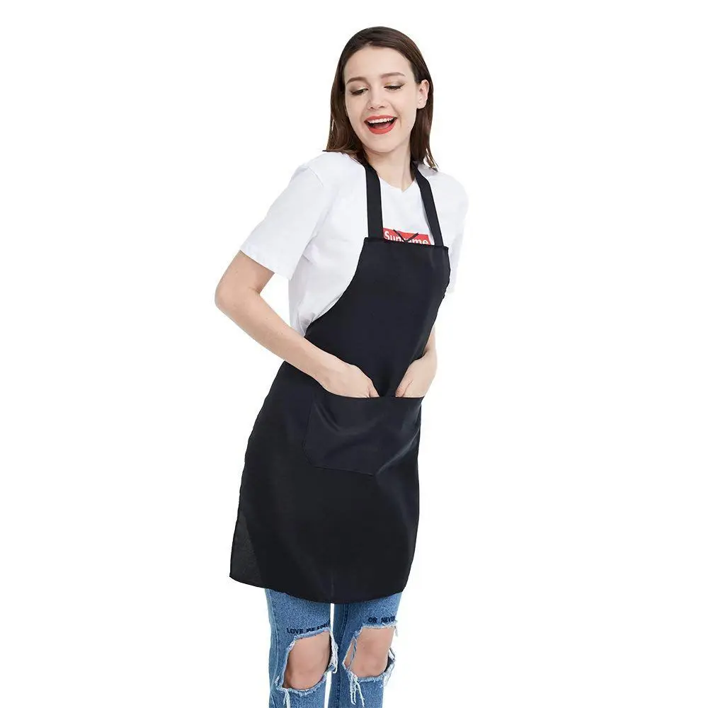 12 Pack Bib Apron - Unisex Black Apron Bulk with 2 Roomy Pockets Machine Washable for Kitchen Crafting BBQ Drawing