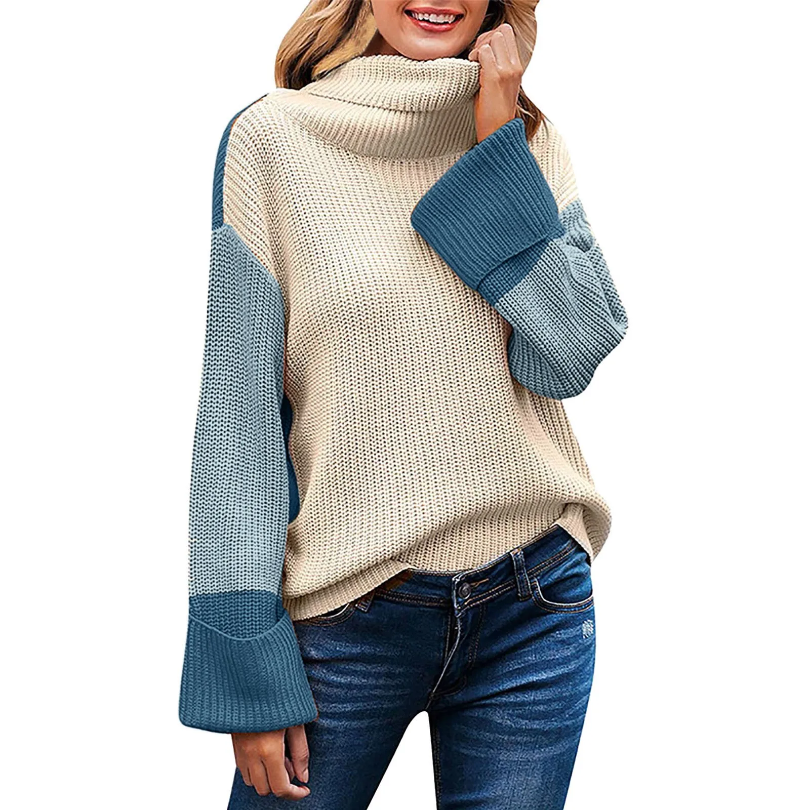 Imitation High Neck Sweater Transparent High Neck Sweater New High Neck Long Sleeve Color Matching Sweater Knitted Pullover