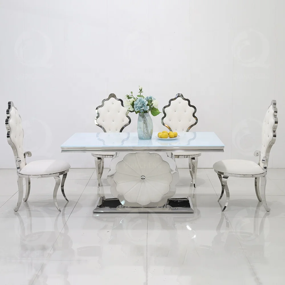 Modern flower stainless steel dinning table set dining room furniture with 8 chairs white gloss glass dining tables