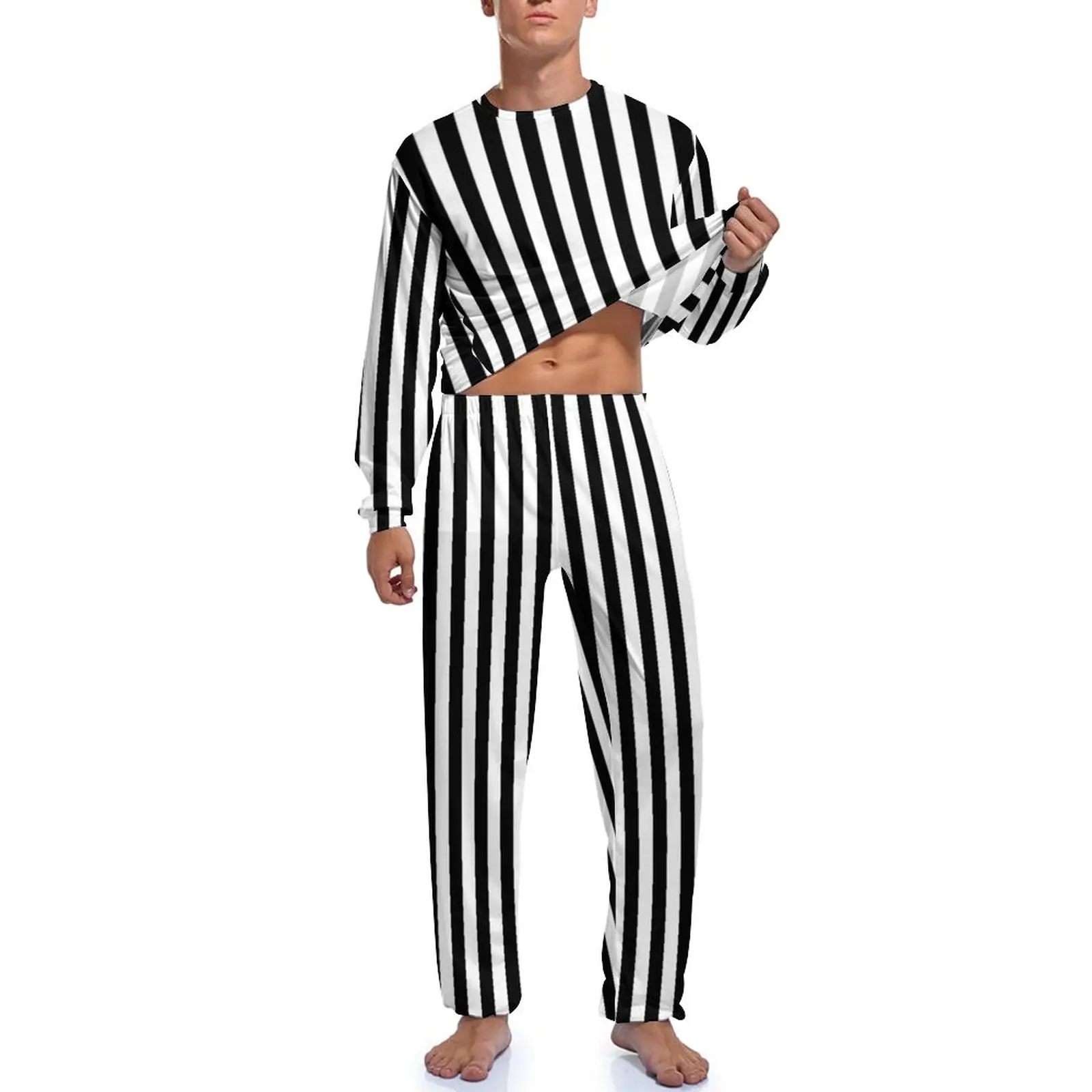 Black White Striped Pajamas Daily 2 Piece Vertical Lines Print Elegant Pajamas Set Man Long Sleeve Bedroom Custom Nightwear