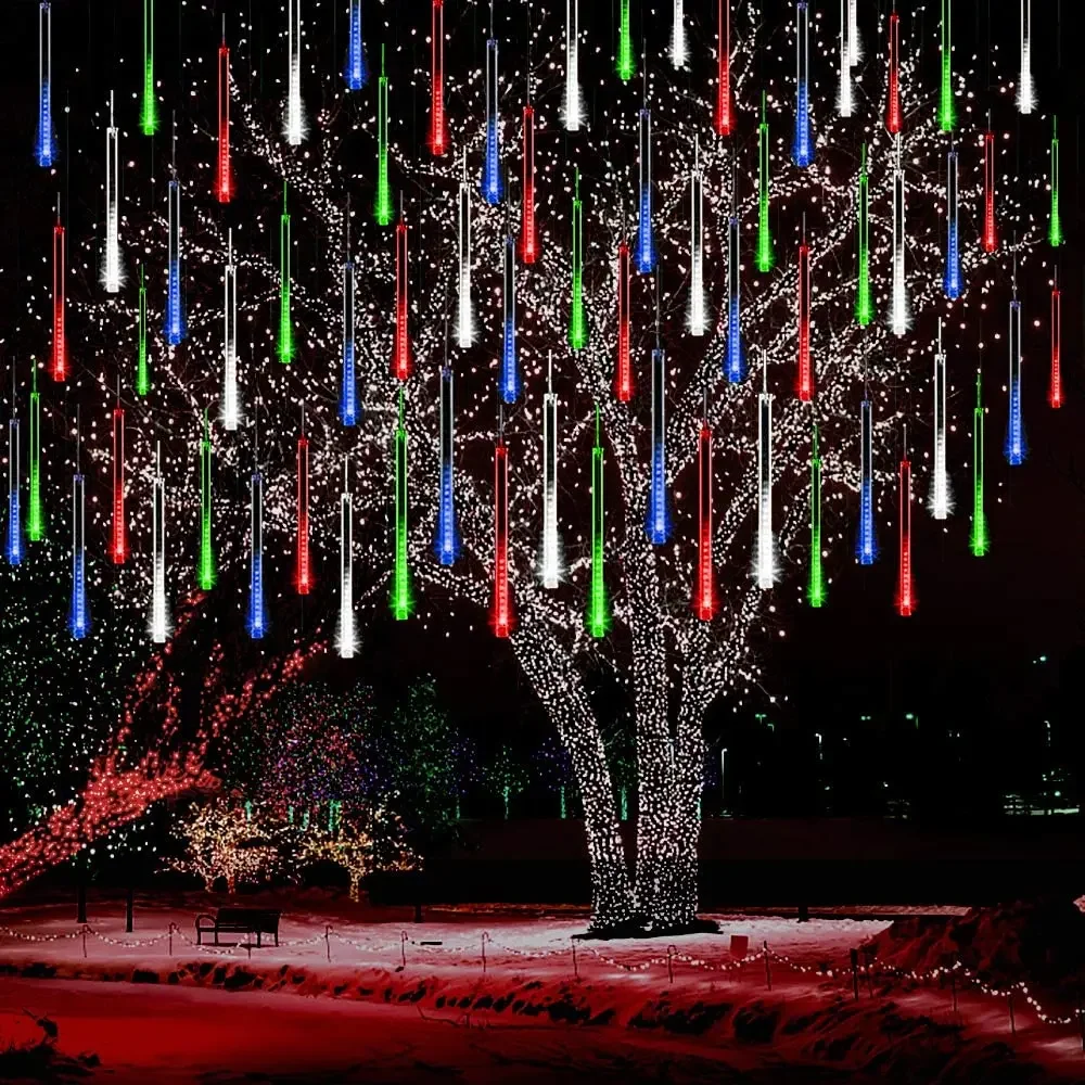 Luces de lluvia de meteoritos, 11,8 pulgadas, que caen 8 tubos, luces de gota de lluvia al aire libre, decoración de vacaciones de árbol de boda de Navidad