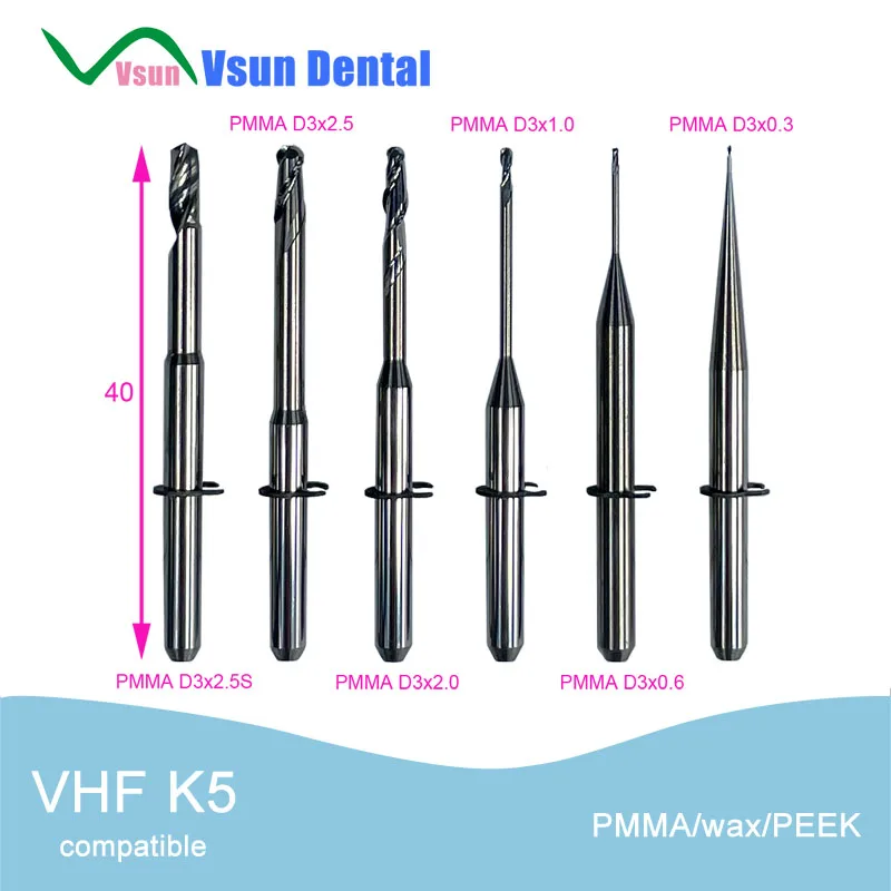 

VHF K5 S1 S2 PMMA WAX PEEK Dental Laboratory Tools CADCAM Milling Burs Cutters Smooth Blade Rainbow Coating for Lab Materials