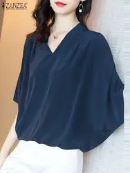 Casual Loose Solid Color Plain Tops ZANZEA Women 3/4 Bat Sleeve Blouse Fashion V Neck Shirts Korean Oversized Folded Hem Blusas