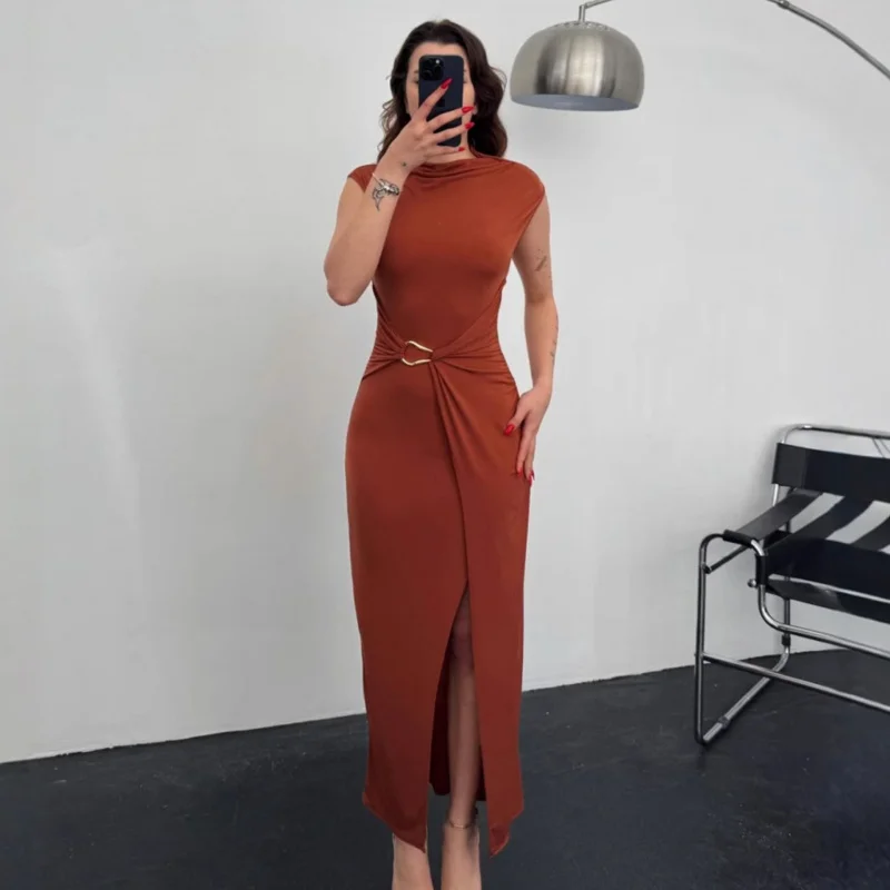 2025年夏 レディースファッション エレガント 無地 ラウンドネック スリット入りワンピース