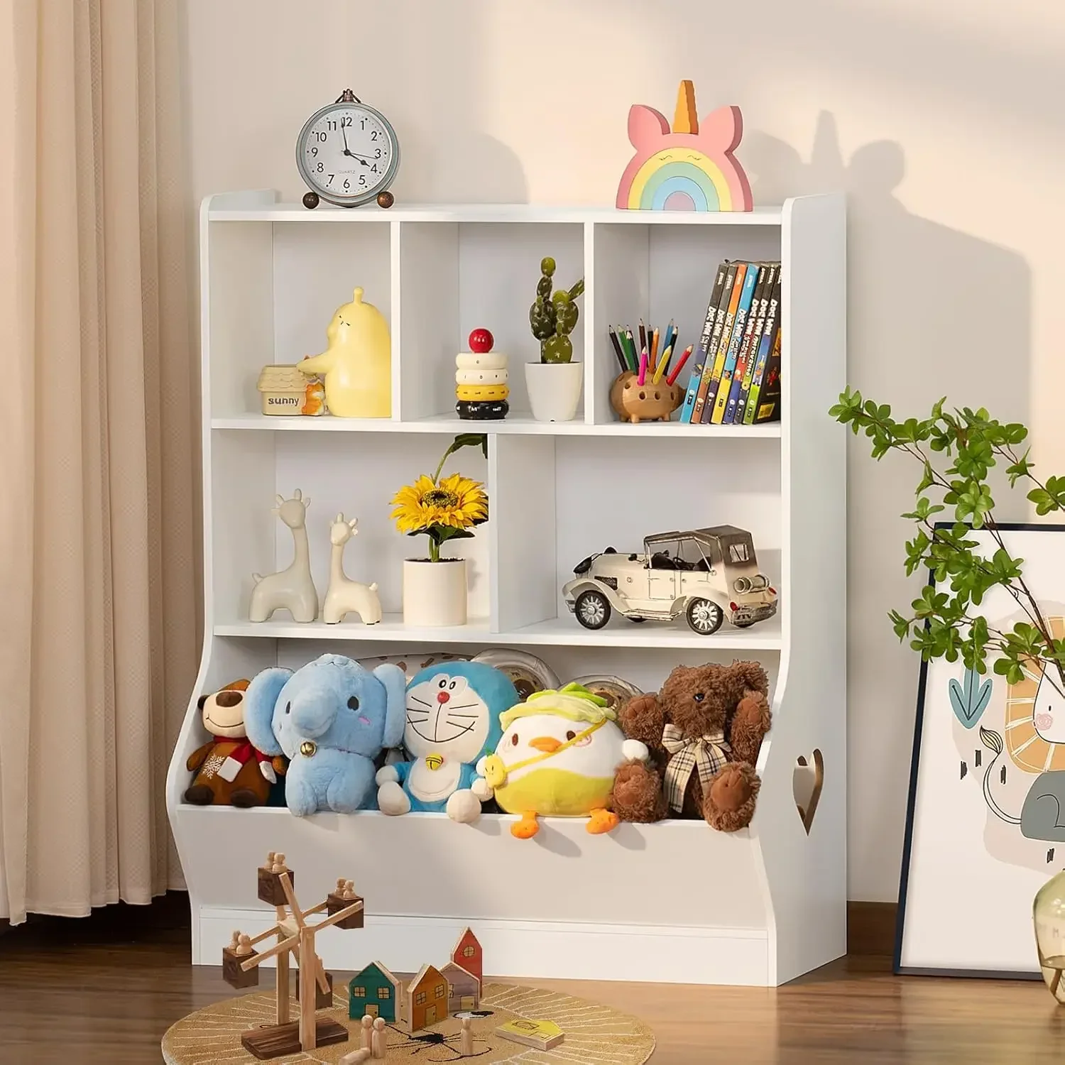 Kids Storage Organizer, 3 Tier Children Bookcase and Bookshelf, Toddler 6 Cubby Cabinet, Wood Book Shelf for Playroom, Bedroom,