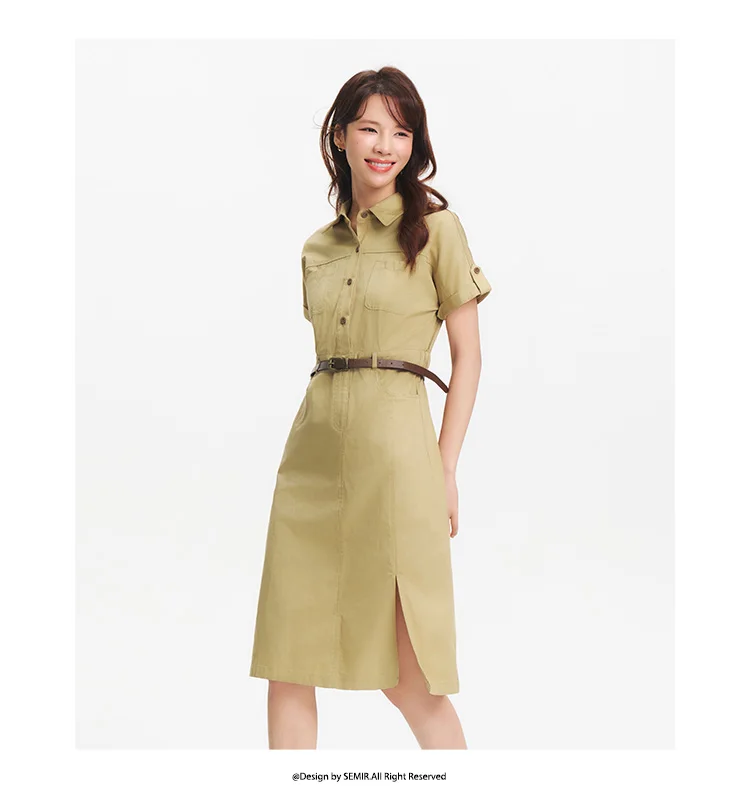 Semir Damen Hemdkleid mit Kragen aus Baumwolle, Schlitz, Midi-Länge, Gürtel, schmal geschnitten, Vintage Urban Workwear 2026 Sommer Mode Büro-Oberteil – Detail 3