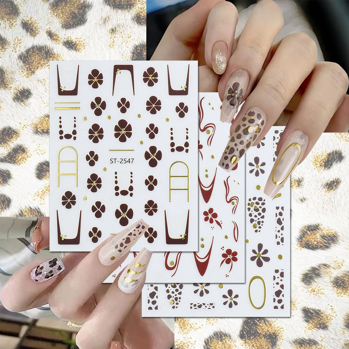 3/6 Blatt braune Nagelaufkleber mit Leopardenblume und französischer Spitze, selbstklebende Nagelkunst-Abziehbilder mit goldener Linie für DIY-Maniküre
