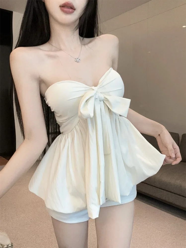 Fashionable  Knot Multiple Wear Neck Hanging Strap Women's Slim Short Pants Set Cleanfit A-Line Narrow Shoulder Vest