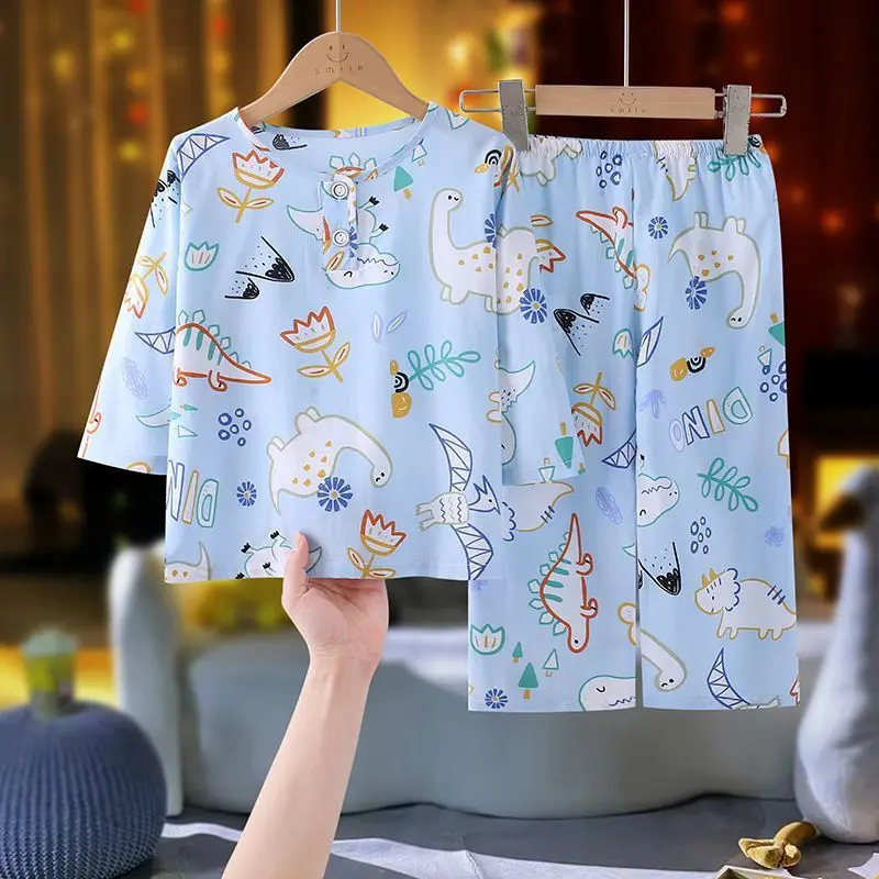 Children Summer Thin Breathable Pajamas Baby Boys Girls Cute Cartoon Dinosaur Print Long Sleeve Casual Sleepwear Clothing Sets