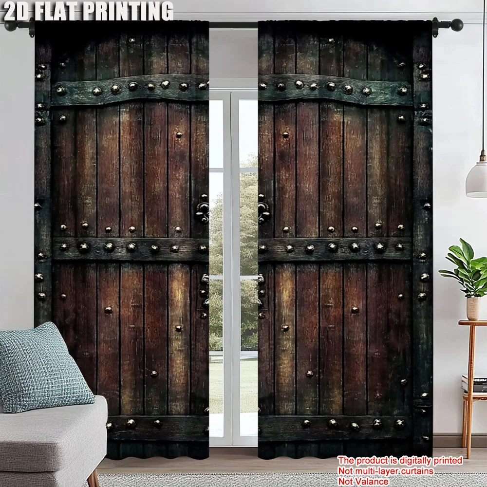 

2Pcs Retro Wooden Door Pattern Curtains Digital Printed Decorative Window Drapes For Living Room Bedroom Privacy Protection And
