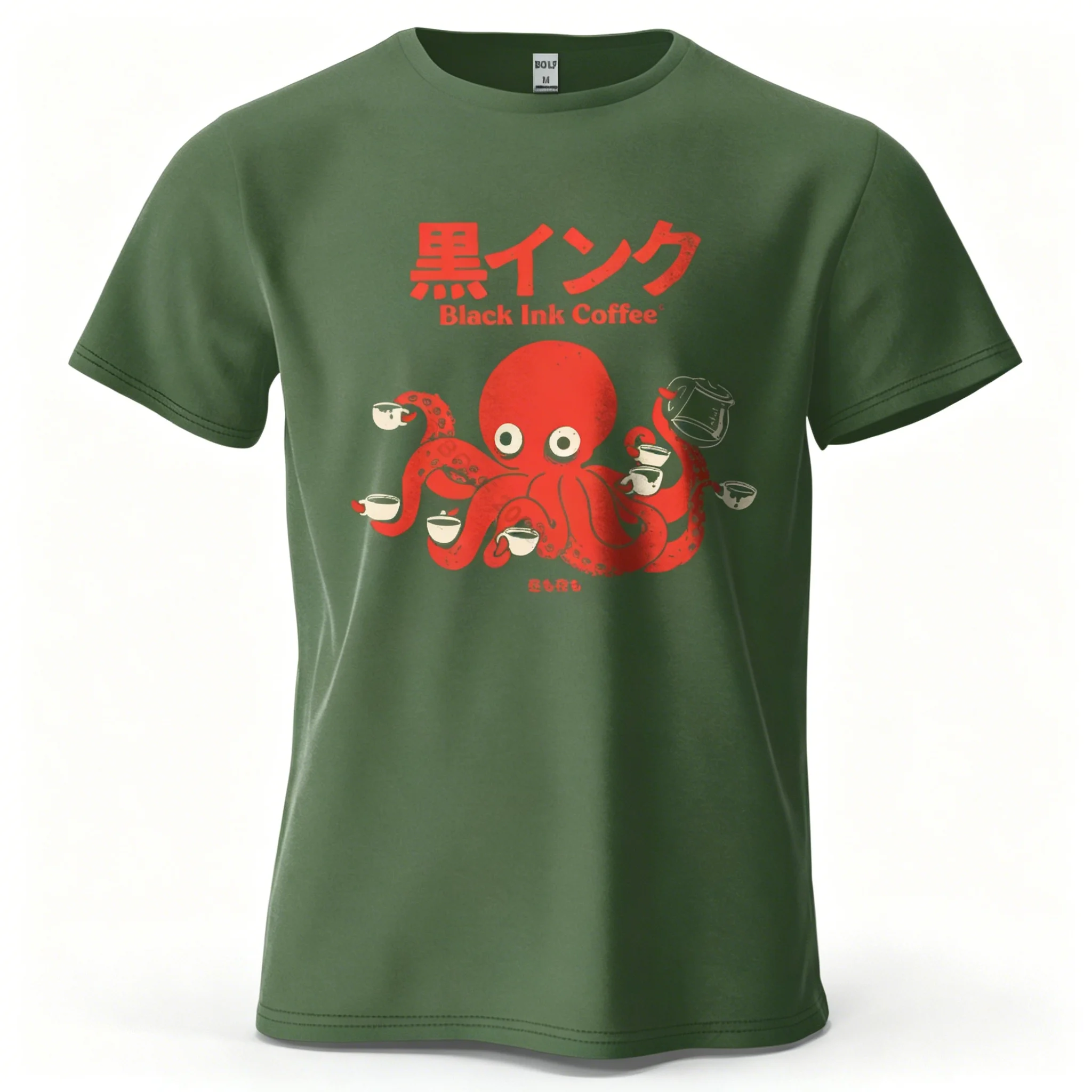 Unisex Octopus Coffee "Black Ink Coffee" T-Shirt mit japanischer Textgrafik, lässig, Rundhalsausschnitt, kurze Ärmel, lockere Passform, Baumwolle, Streetwear – Detail 15