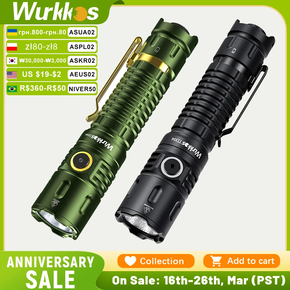 Wurkkos TD04 21700 EDC Self Defense Tactical Flashlight  Powerful 3000LM Rechargeable Torch XHP50D HI LED Lamp IP68 Dual Switch