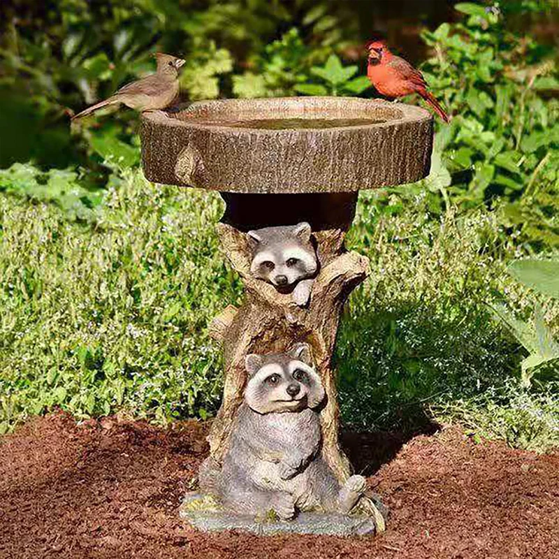 Bird Water Feeder Cute Sunflower Raccoon Resin Simulation Stump Bird Feeder Crafts Ornament Gardening Jardin Home Decoration