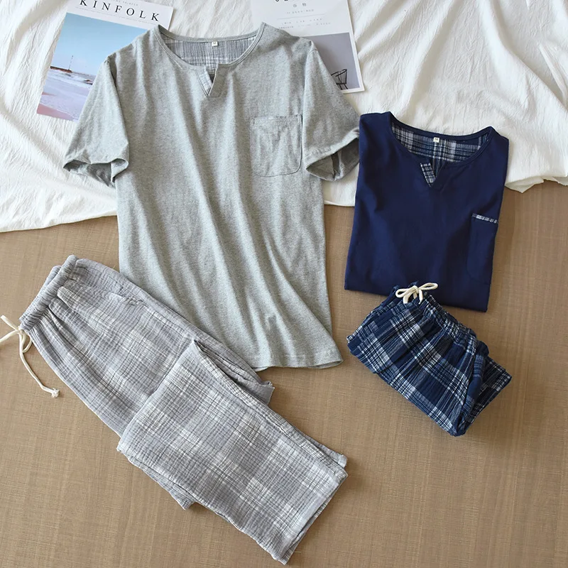 Summer Gauze Cotton Pajamas For Men Nightwear New Thin Loungewear Short Sleeve Sleepwear For Sleeping 2 Pieces Pyjamas Set