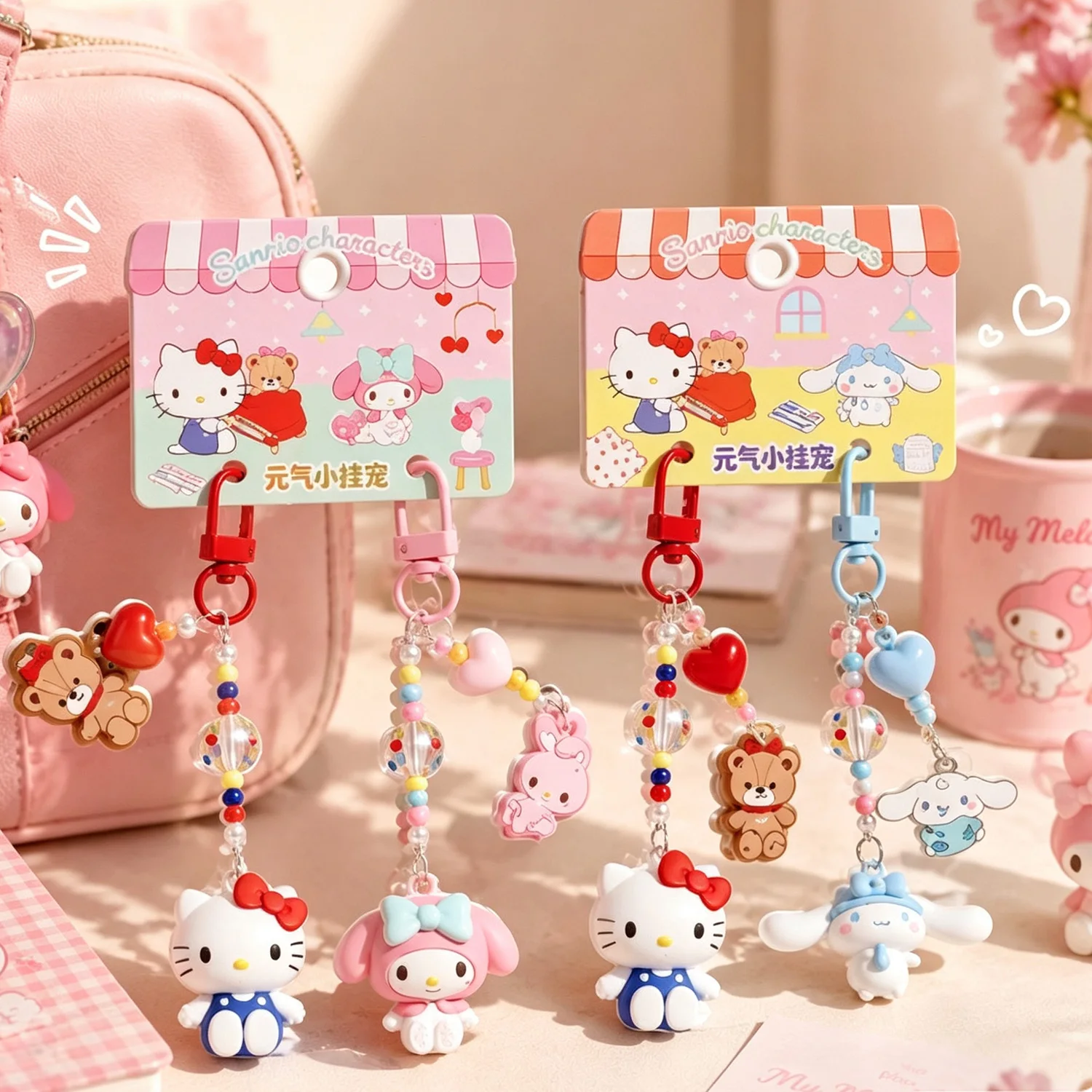 Hallo Kitty My Melody Cinnamoroll Taschenanhänger, bunte Perlenkette, Mini-Figur zur Dekoration von Rucksäcken, Geschenk – Detail 1
