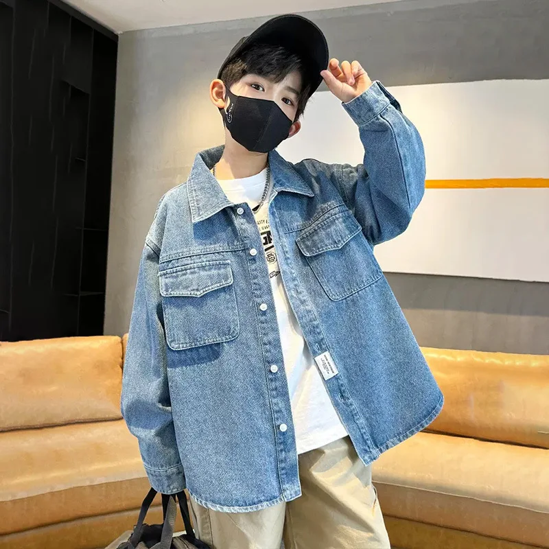 Boys' denim jacket shirt, thin autumn outfit, children's casual new style, middle-aged and middle-aged children, 12-year-old boy