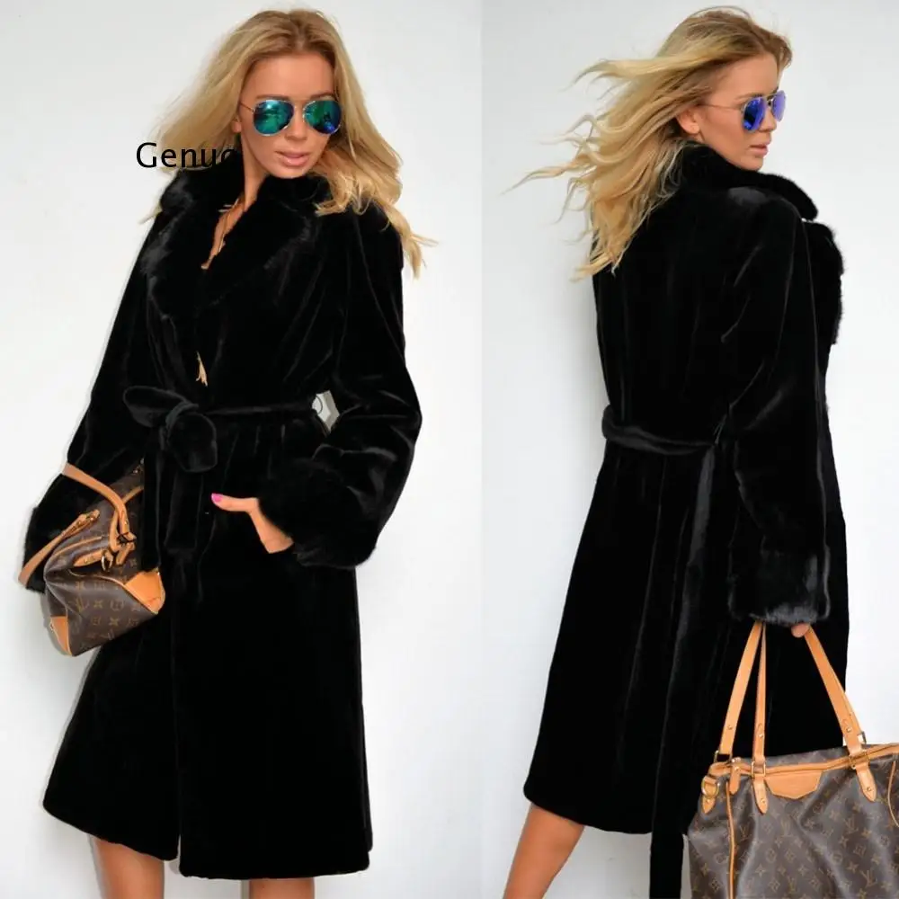 

New Arrival Long Mink Fur Coat Women Black Faux Fur Jacket Autumn Winter Thicken Warm Fur Coat With Belt Women Plush Overcoat