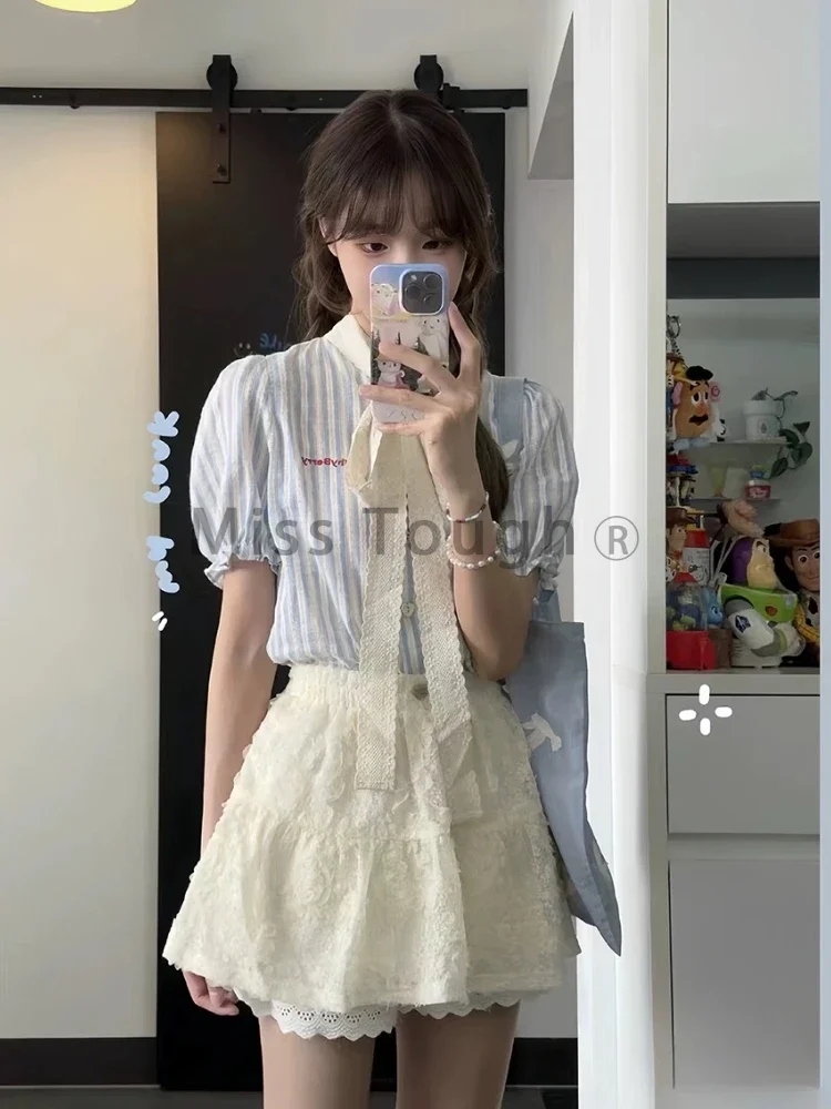 Sweet Girl Lace Bow Shirt 2 Piece Suit Women Y2k Patchwork Summer Elegant Skirt Sets Korean Fashion Striped Casual Set 2024 New