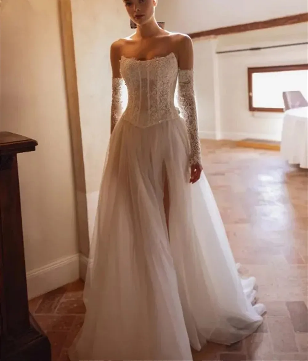 Modern Lace Mermaid Wedding Dress Strapless Appliques Beads Long Sleeves Tulle Bridal Bride Gowns Two Pieces Vestidos De Noiva