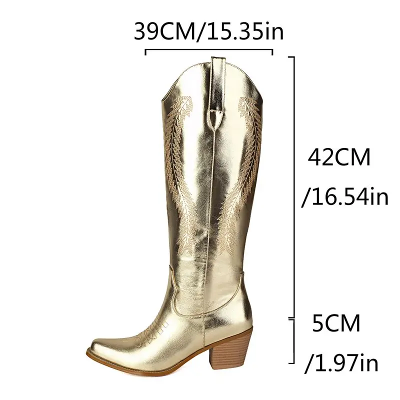 Girseaby Retro Gold Women Knee High Boots Square Toe 5cm Block Heels Zipper Embroider Large Size 41 42 43 Leisure Western Winter