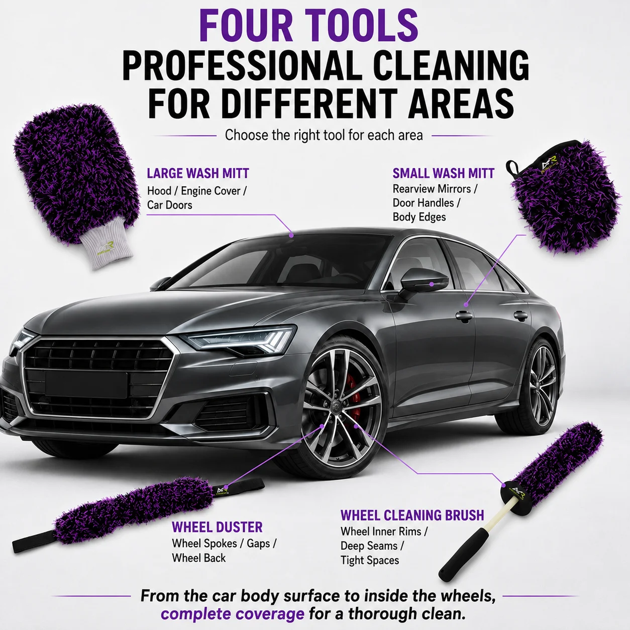 MORAY car wash gloves, car wash strips, long plush wheel brushes, reusable, suitable for car cleaning, cleaning hard-to-reach wh
