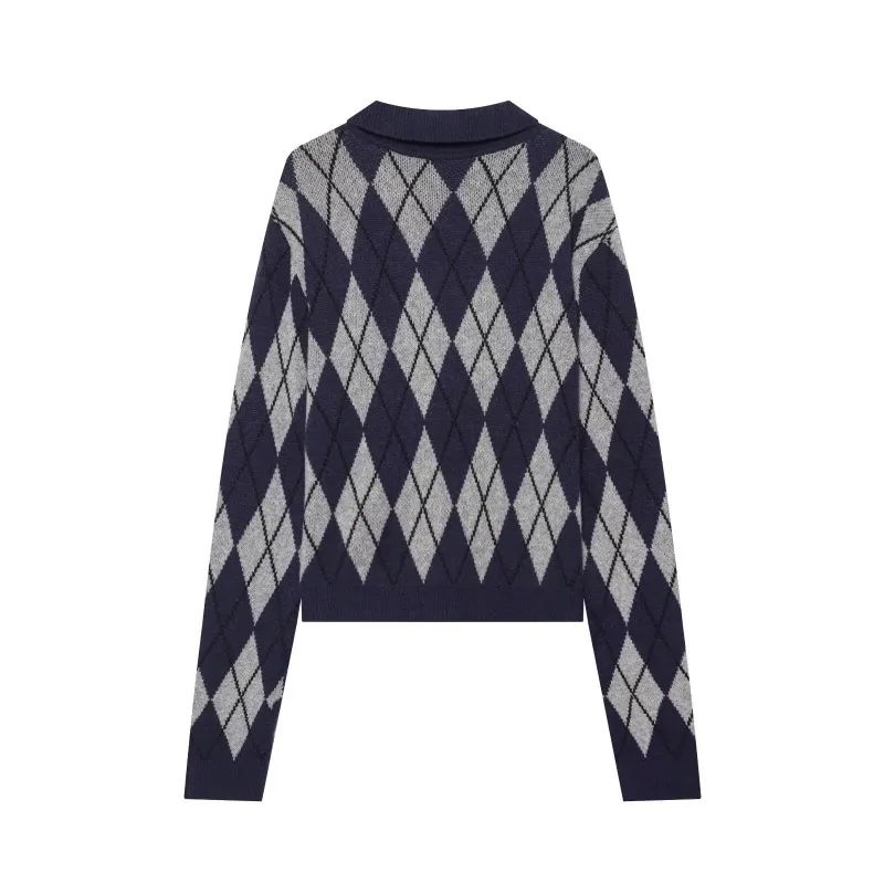 Women Minimalist Style Long Sleeve Argyle Single Breasted Sweater Cardigan 2026 Autumn Winter New Preppy Casual Street Outerwear view 3