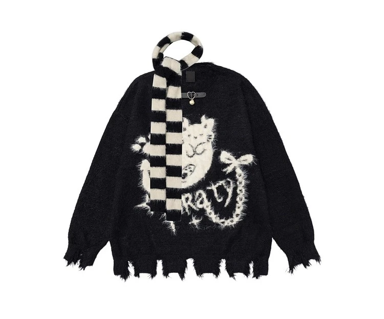 American Style Men's Kitten Jacquard Scarf Decorated Round Neck Black Sweater Couple Style Pink Loose Casual Knitted Top