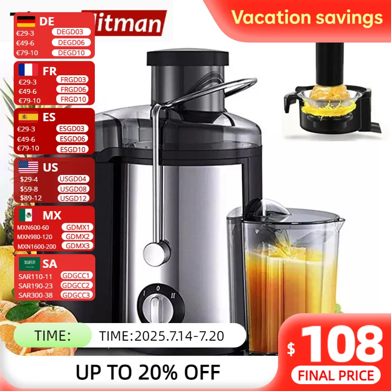 

800W Hydraulic Centrifugal Juicer Professional Commercial Electric Juicer Vegetable Fruit Household Gear Adjustable Juicer