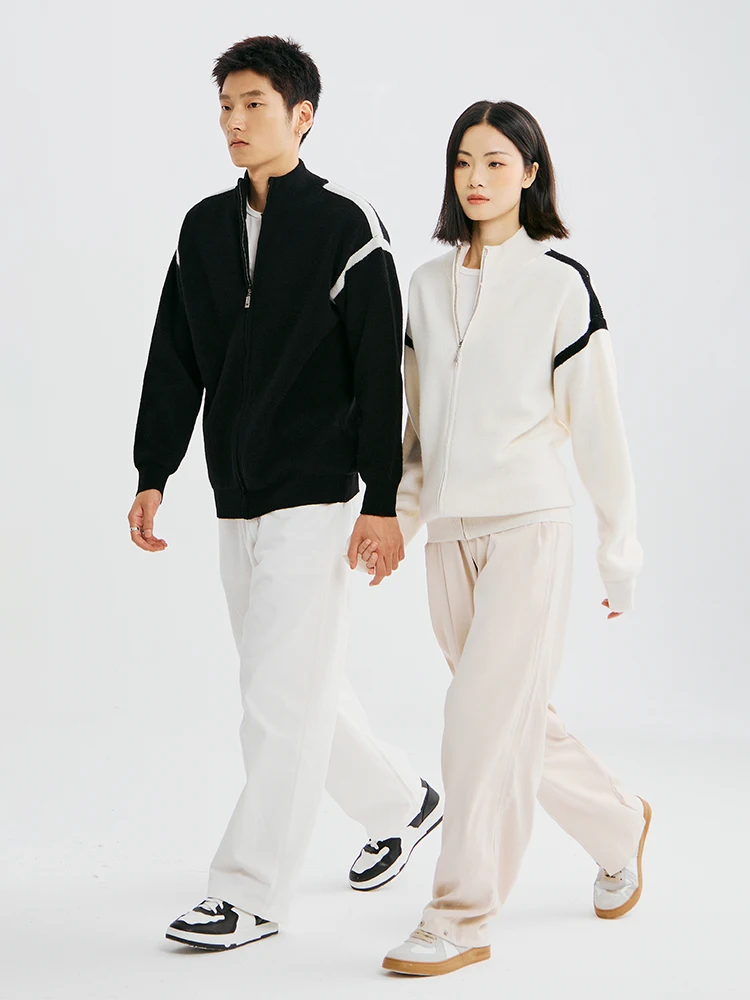 

2025 Chic Zippered 100% Merino Wool Cardigan Autumn Winter Men's Thick Soft Warm Couple Style Knitted Sweater Male Clothing Tops