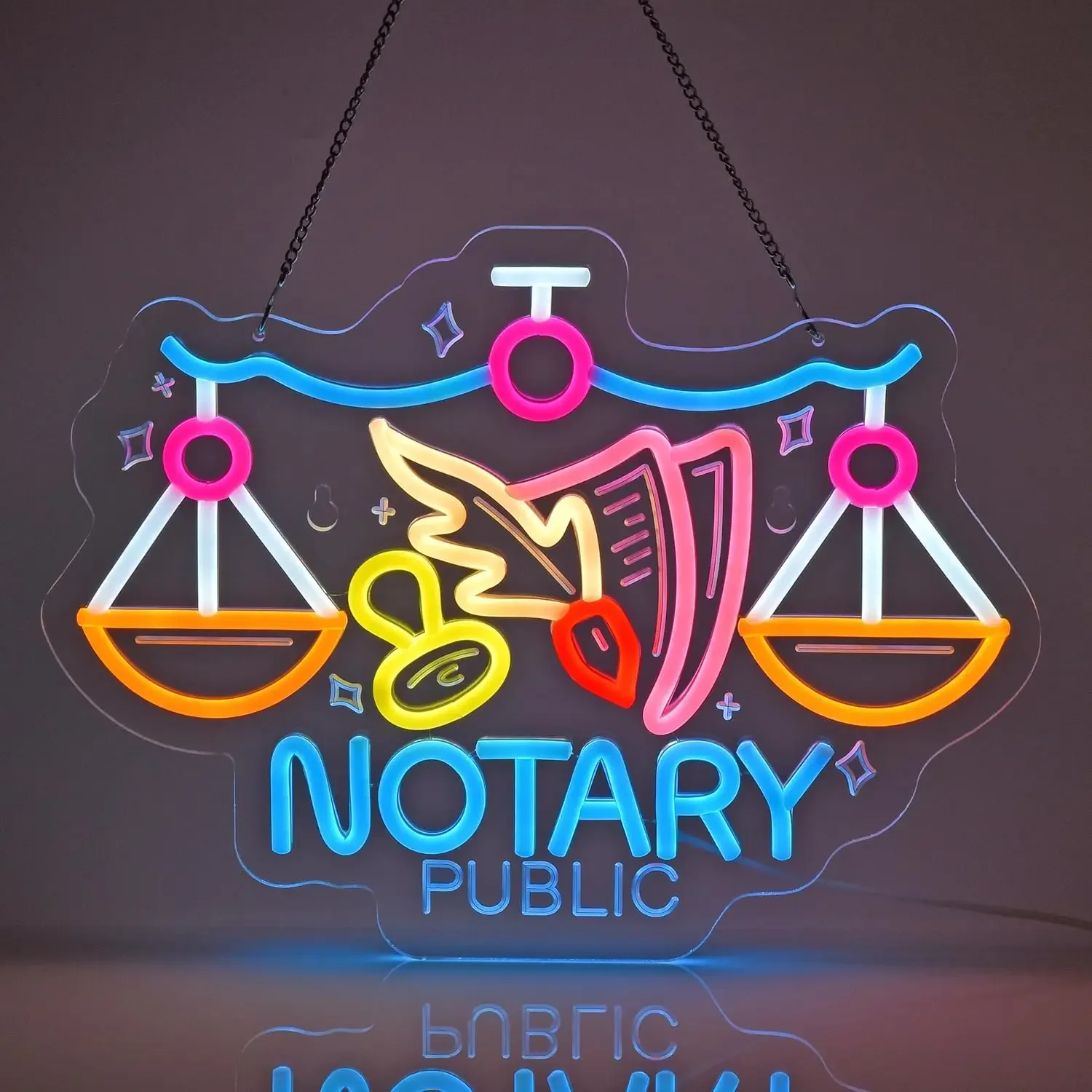 Notary Public Neon Sign Justice Scale Quill LED Wall Art USB Powered Legal Office Decor Business Shop Aesthetic Hanging Light