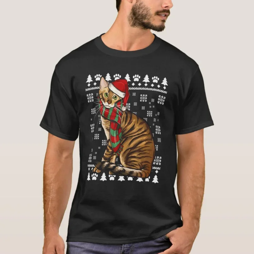 Navidad Toyger gato Santa sombrero Navidad amantes de los gatos regalo camiseta 100% algodón cuello redondo manga corta Casual camiseta para hombre tamaño S-3X