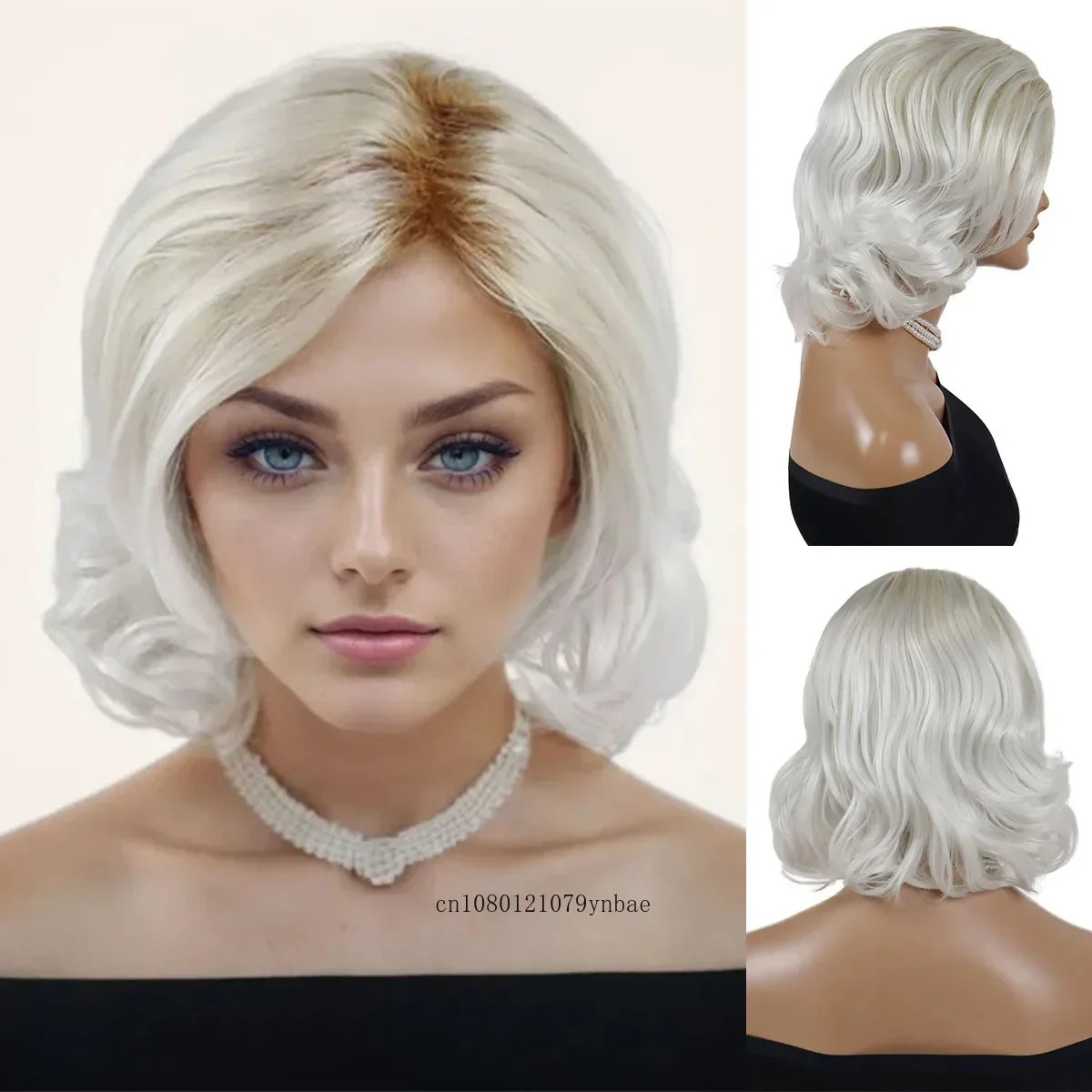 

Natural Synthetic Short Wavy Curly Bob Wigs for Women Lady Ombre Platinum Wig with Bangs Daily Costume Party Heat Resistant