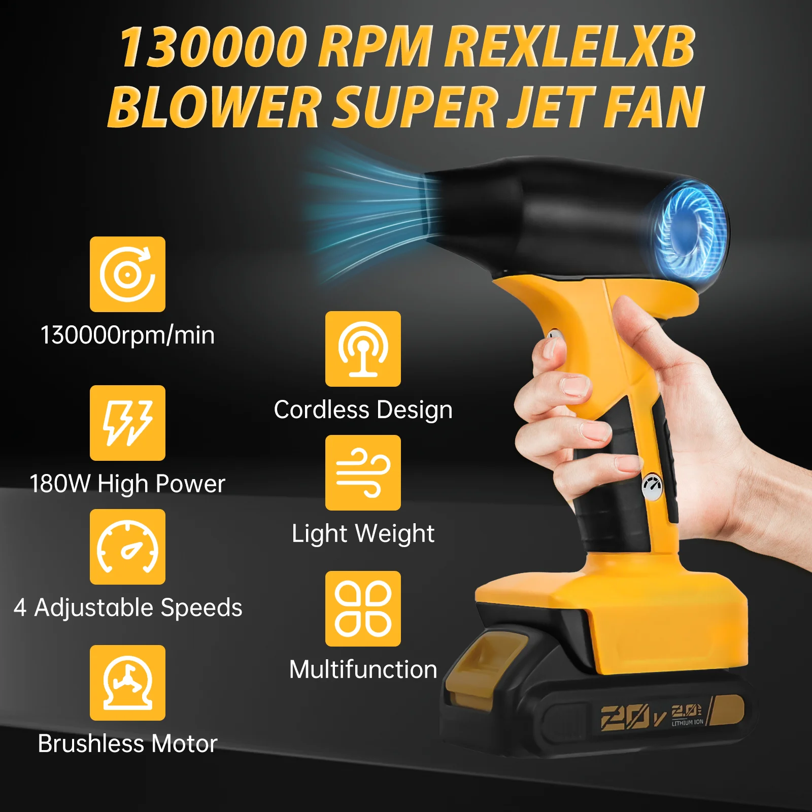 Brushless Jet Blower 130000RPM Portable Violent Turbo Fan 4-Speed Wireless Handheld Fan For Dewalt 20V Battery (No Battery)