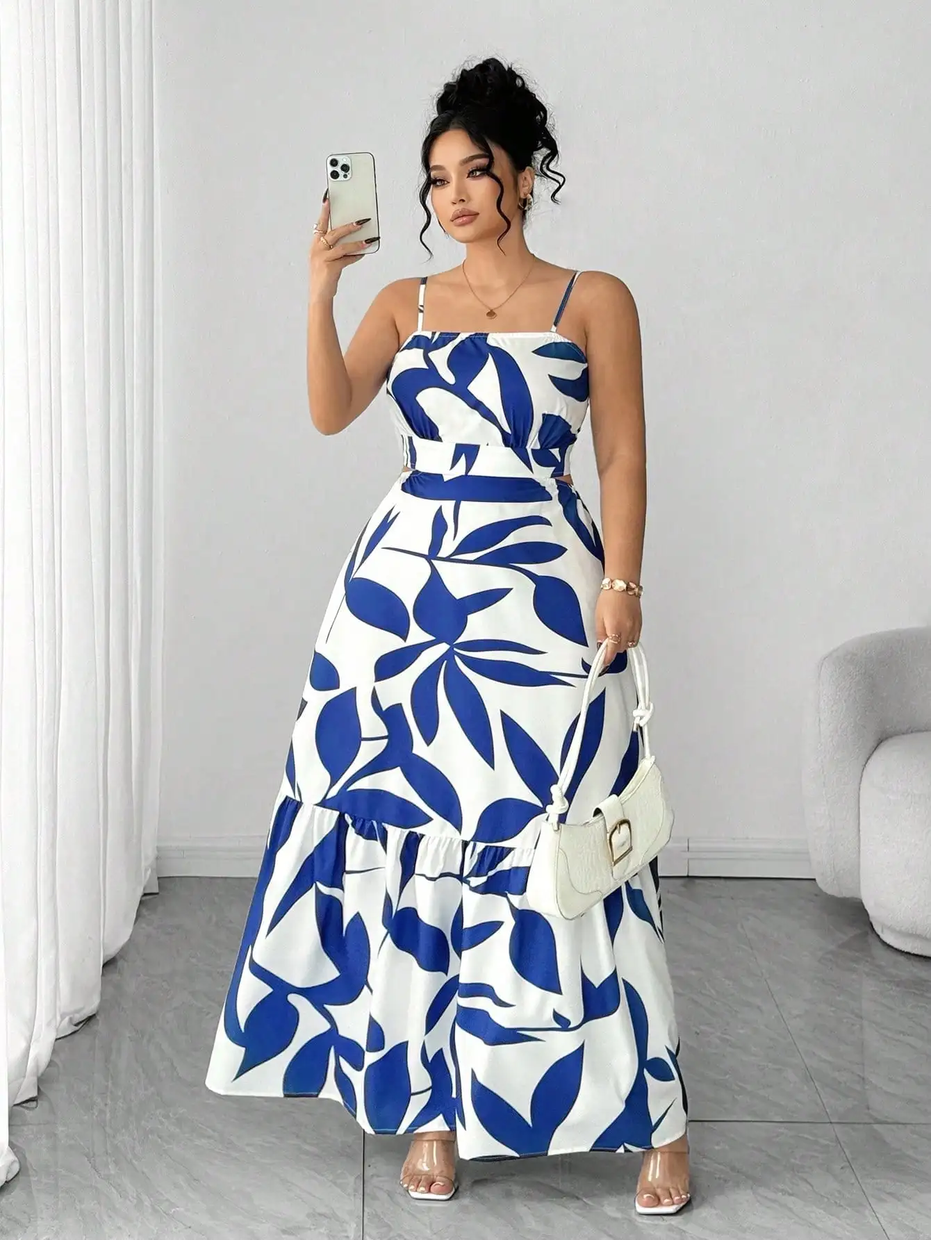 

Women Plus Size Boho Spaghetti Strap Sleeveless Long Dress Shirred Flounce Print Two Piece Set
