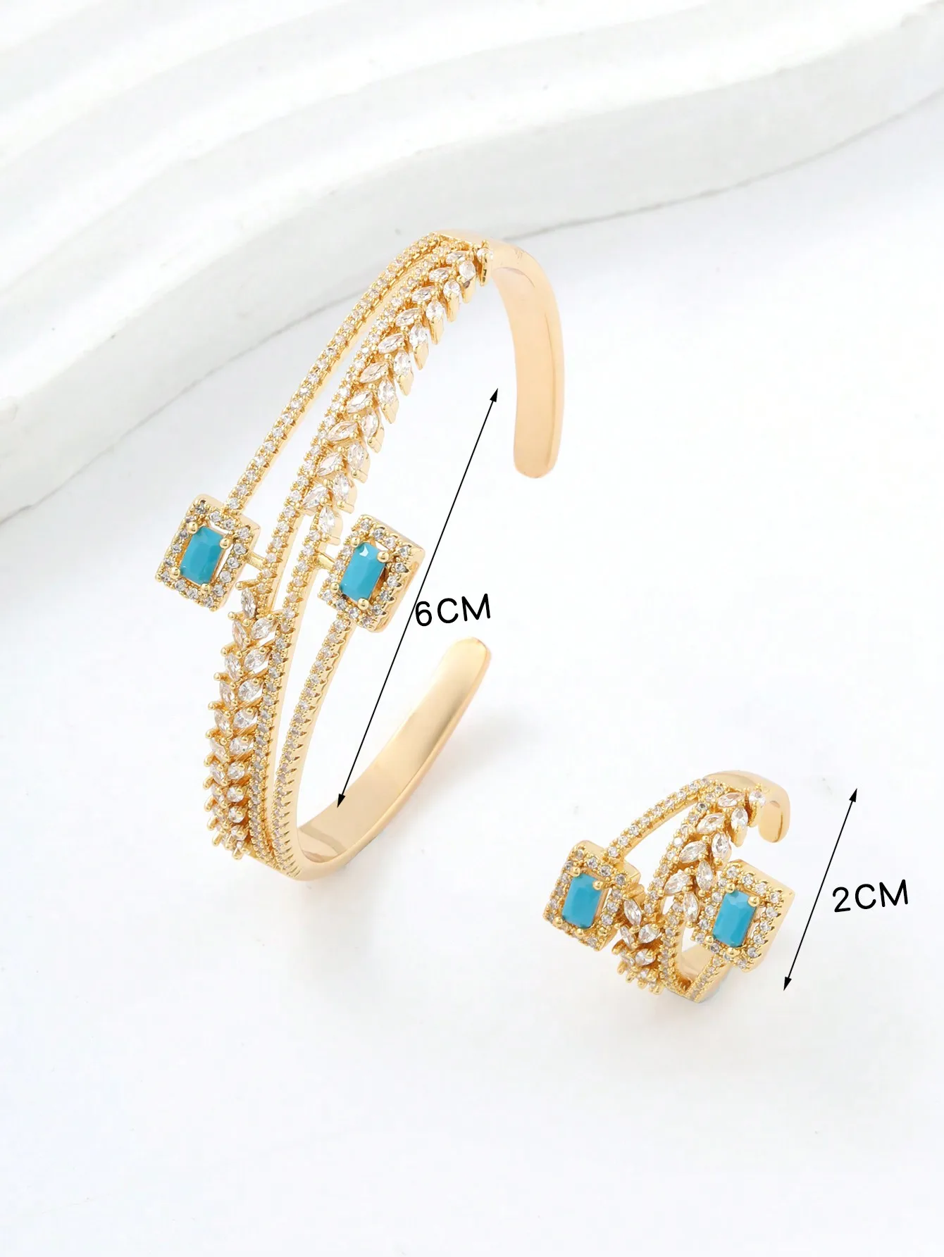 A European and American fashion light luxury Lansong real gold plated open bracelet ring set