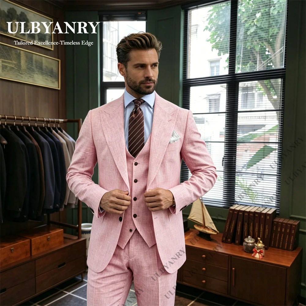 

ULBYANRY High End Men's Linen Suit for Formal Events Party Prom Suit Jacket Pant Vest Beach Wedding Suit for Groom Customized