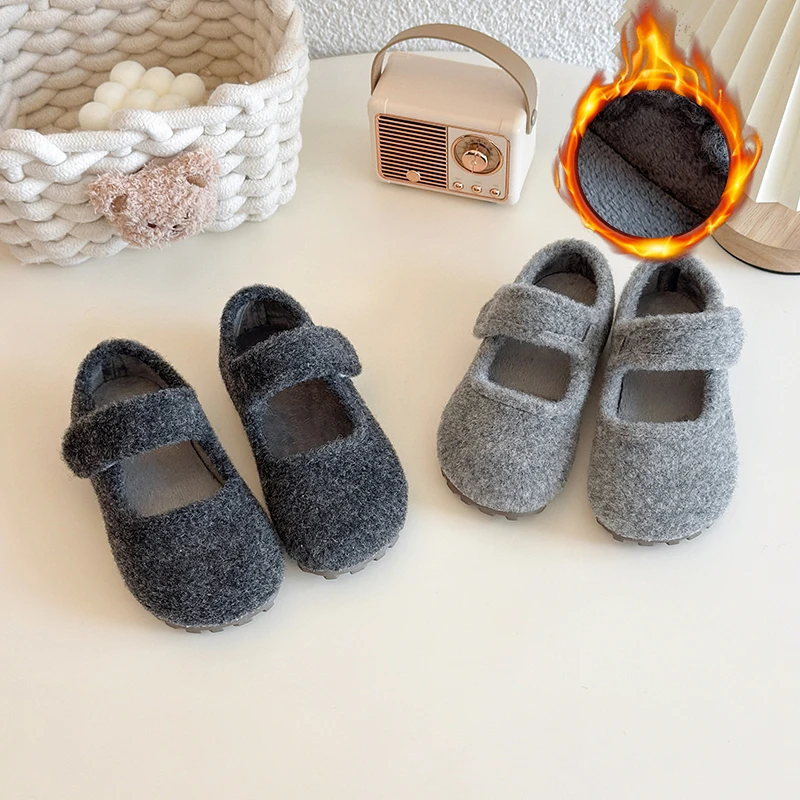 

Winter Girl's Flat Shoe Plush Round Toe Hook-loop Warm Kid's Flat Shoe Solid Colors Anti-slip All-match Comfy Chic Children Shoe