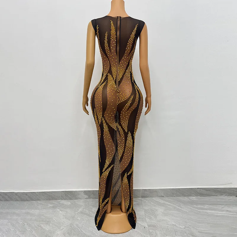 Abiti De Mujer Elegantes Para Fiesta 2025 Estate Albicocca Maglia Girocollo Senza maniche Abito da festa lungo Spacco posteriore Lunghezza pavimento