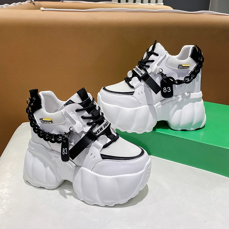 Novas mulheres casuais tênis de plataforma 10cm salto alto primavera esportes sapatos de couro respirável formadores tênis grossos zapatos mujer